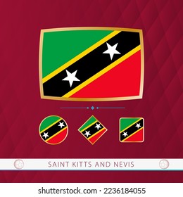 Set of Saint Kitts and Nevis flags with gold frame for use at sporting events on a burgundy abstract background. Vector collection of flags.