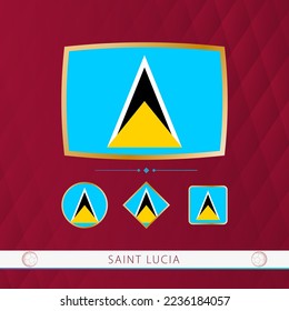 Set of Saint Lucia flags with gold frame for use at sporting events on a burgundy abstract background. Vector collection of flags.