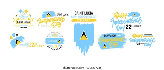 Set of Saint Lucia Happy Independence day greeting card, banner, vector illustration. St Lucia holiday 22th of February design element with waving flag as a symbol of independence