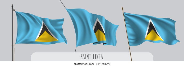 Set of Saint Lucia waving flag on isolated background vector illustration. 3 blue wavy realistic flag as a patriotic symbol 