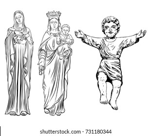Set of Saint Mary holding baby Jesus. Hand drawn Virgin Mary and Baby Jesus Christ nativity scene. Nativity Christmas graphics design elements. Blackwork adult flesh tattoo concept. Vector.