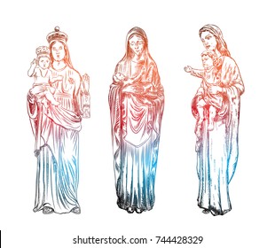 Set of Saint Mary holding baby Jesus Christ, son of God in her hands. Christmas nativity scene for holiday. Blackwork adult flesh tattoo concept. Vector.