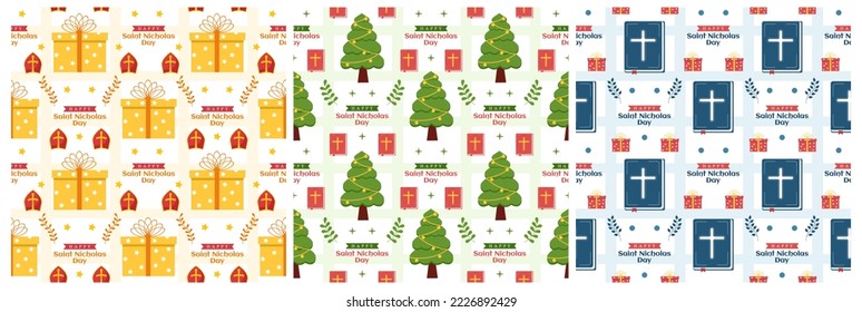 Set of Saint Nicholas Day or Sinterklaas Seamless Pattern with Gift Box and Winter Template Background Hand Drawn Cartoon Flat Illustration