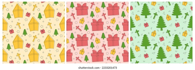 Set of Saint Nicholas Day or Sinterklaas Seamless Pattern with Gift Box and Christmas Template Background Hand Drawn Cartoon Flat Illustration