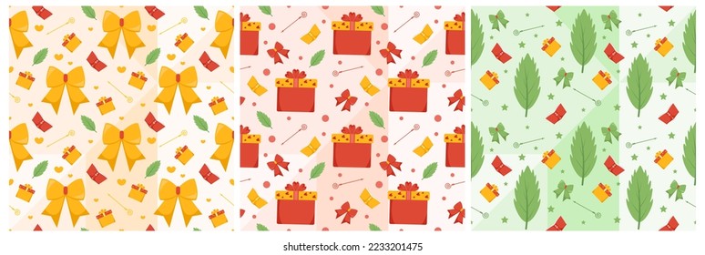 Set of Saint Nicholas Day or Sinterklaas Seamless Pattern with Gift Box and Christmas Template Background Hand Drawn Cartoon Flat Illustration