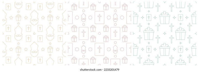 Set of Saint Nicholas Day or Sinterklaas Seamless Pattern with Gift Box and Christmas Template Background Hand Drawn Cartoon Flat Illustration