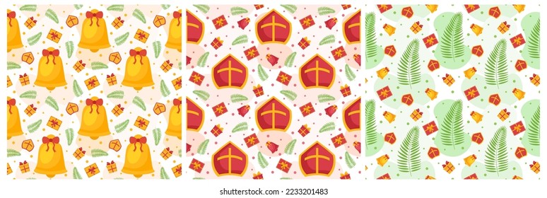 Set of Saint Nicholas Day or Sinterklaas Seamless Pattern with Gift Box and Christmas Template Background Hand Drawn Cartoon Flat Illustration
