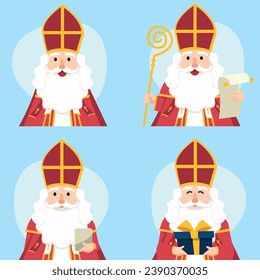 Set Saint Nicholas or Sinterklaas cartoon winter characte