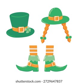 Set of Saint Patricks Day accessories with hats and shoes. Cute illustration for kids designs, party decor, greeting cards and festive projects.