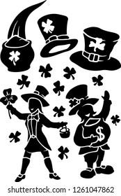 Set for Saint Patricks day with black leprechaun silhouettes beautiful hats and clover leaves