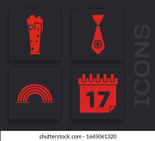 Set Saint Patrick's day with calendar, Glass of beer, Tie with four leaf clover and Rainbow icon. Vector