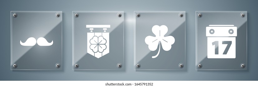 Set Saint Patrick's day with calendar, Four leaf clover, Street signboard with four leaf clover and Mustache. Square glass panels. Vector