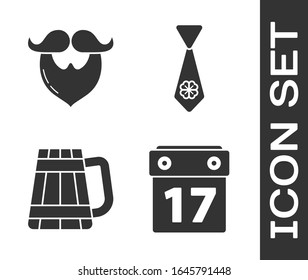 Fije el día de San Patricio con calendario, Mustache y barba, tazón de cerveza de madera y empate con un icono de trébol de cuatro hojas. Vector