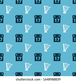 Set Saint Patrick's day with calendar and Harp on seamless pattern. Vector