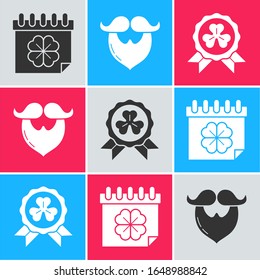 Set Saint Patricks day with calendar, Mustache and beard and Medal with four leaf clover icon. Vector