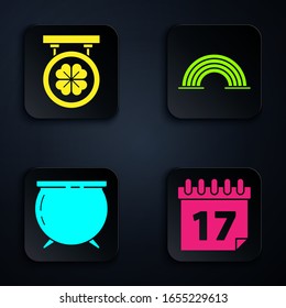 Set Saint Patrick's day with calendar, Street signboard with four leaf clover, Witch cauldron and Rainbow. Black square button. Vector