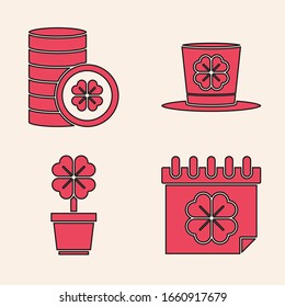 Set Saint Patricks day with calendar, Gold coin with four leaf clover, Leprechaun hat and four leaf clover and Four leaf clover in pot icon. Vector