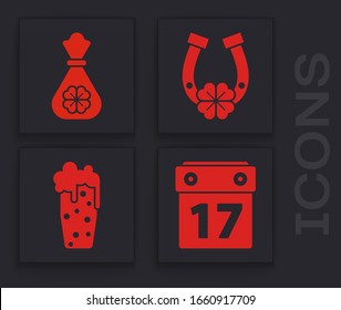 Set Saint Patrick's day with calendar, Money bag with four leaf clover, Horseshoe with four leaf clover and Glass of beer icon. Vector