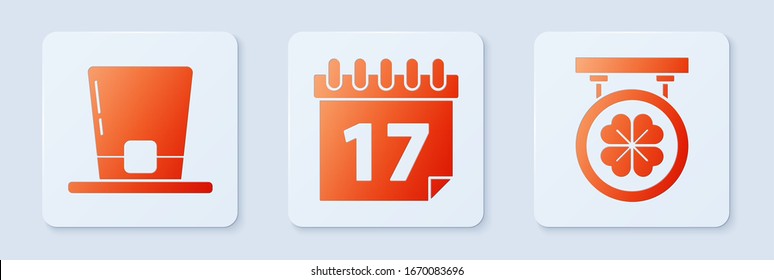 Set Saint Patrick's day with calendar, Leprechaun hat and Street signboard with four leaf clover. White square button. Vector