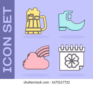 Set Saint Patricks day with calendar, Wooden beer mug, Rainbow with cloud and Tradition leprechaun boots icon. Vector