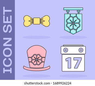 Set Saint Patrick's day with calendar, Bow tie, Leprechaun hat and four leaf clover and Street signboard with four leaf clover icon. Vector