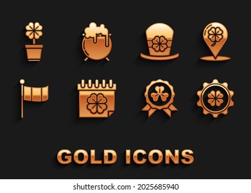 Set Saint Patricks day with calendar, Location and four leaf clover, Bottle cap, Medal, National Ireland flag, Leprechaun hat, Four pot and Witch cauldron icon. Vector