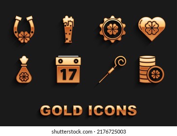 Set Saint Patrick's day with calendar, Heart four leaf clover, Gold coin, Walking stick, Money bag, Bottle cap, Horseshoe and Glass of beer icon. Vector