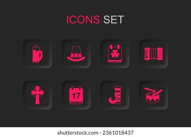 Set Saint Patricks day with calendar, Leprechaun hat, Glass of beer, boot, Accordion, Drum drum sticks,  and Celtic cross icon. Vector