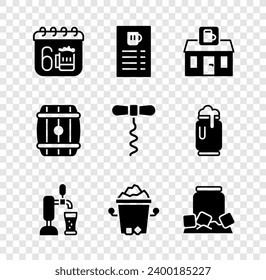 Set Saint Patricks day calendar, Beer menu, Store building of beer shop, tap with glass, Ice bucket, Cold can, Wooden barrel and Wine corkscrew icon. Vector