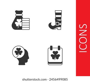 Set Saint Patricks day with calendar, Money bag clover, Head trefoil leaf and Leprechaun boot icon. Vector