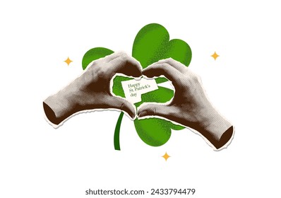 Set Saint Patrick's Day card template with 3D Halftone hands with heart gesture and shamrock leaf. 00s Y2k retro Ireland aesthetic. Saint Patrick Vector art for social media