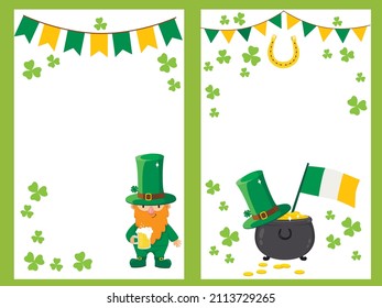 Set of Saint Patrick's Day cards,  holiday invitation, corporate celebration. leprechaun, shamrock, pot with gold coins. Vector illustration.