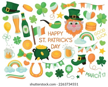 Set of Saint Patrick's day celebration themed vector illustrations. Colorful, cartoon style, hand drawn elements isolated on a white background.