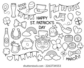 Set of Saint Patrick's day celebration themed vector illustrations. Black and white outlines for coloring. Cartoon style, hand drawn elements isolated on a white background.
