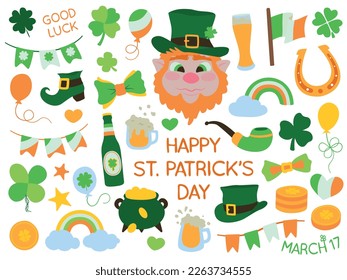 Set of Saint Patrick's day celebration themed vector illustrations. Colorful, cartoon style, hand drawn elements isolated on a white background.