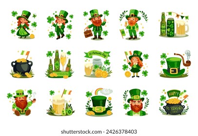 Set of Saint Patricks day celebration themed vector illustrations. Colorful, cartoon style, hand drawn elements isolated on white background. Leprechaun, shamrock, green hat, pot with gold. Vector.