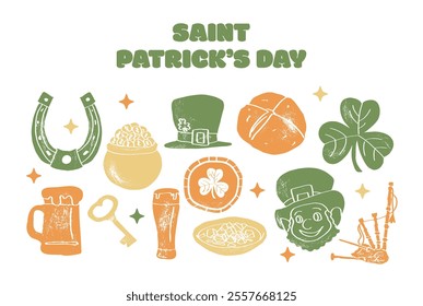 Set of Saint Patrick's day celebration themed vector illustrations. Colorful, cartoon style, hand drawn elements isolated on a white background.