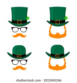 Set of Saint Patrick's Day character leprechaun with green hat, red beard and no face. Design elements for St. Patricks Day. Isolated on white background. Vector illustration.