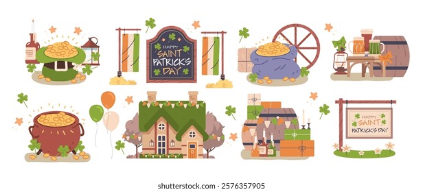 Set of Saint Patrick's Day elements and decoration. Pot of gold, leprechaun green hat and fantasy house icons collection