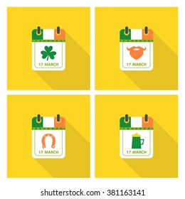 Set of Saint Patrick's day flat calendar icons with long shadow. Clover, beard, horseshoe, beer. Vector illustration.