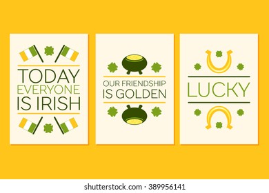 Set of Saint Patricks Day Flat Style Greeting Cards. Poster templates with text on orange background.