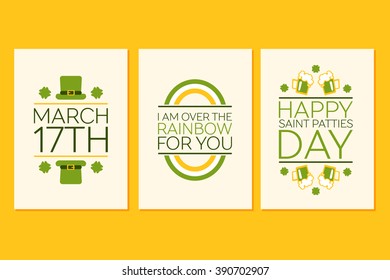 Set of Saint Patricks Day Flat Style Greeting Cards. Poster templates with text on orange background.