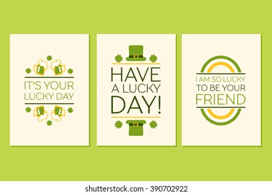 Set of Saint Patricks Day Flat Style Greeting Cards. Poster templates with text on green background.