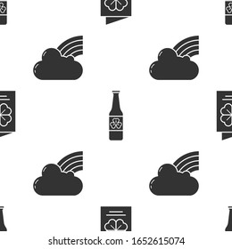 Ponga el volante del Día de San Patrón, folleto, postal, botella de Cerveza con cuatro trébol de hojas y arcoiris con nubes en un patrón sin fisuras. Vector