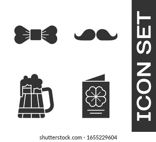 Set Saint Patricks Day flyer, brochure, postcard, Bow tie, Wooden beer mug and Mustache icon. Vector