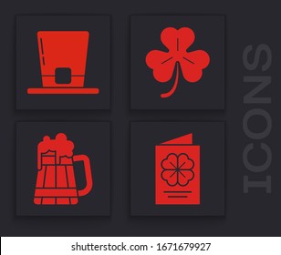 Set Saint Patricks Day flyer, brochure, postcard, Leprechaun hat, Four leaf clover and Wooden beer mug icon. Vector