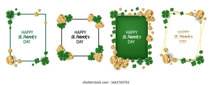 Set of Saint Patrick's Day. flyers, brochure, holiday invitation, corporate celebration. Shamrock with gold coins on background Vector illustration