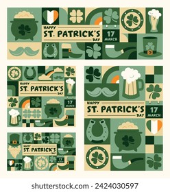 Set von Saint Patrick's Tag geometrisches Poster im Retro-Stil mit Symbolen des Glücks. Shamrock, Topf aus Gold, Pfeife, Koboldhut, Hufeisen, Bier. Vektorvorlage mit irischen Elementen in grünen Tönen. 