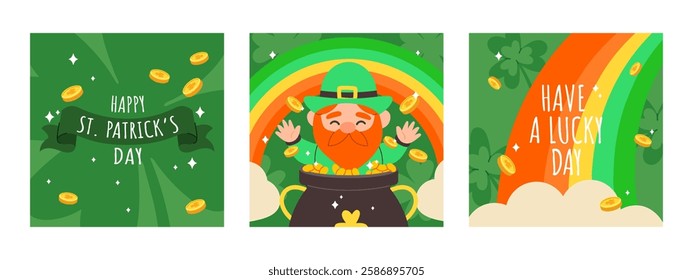 Set of Saint Patrick's day holiday cards. Hand drawn collection of cute elements,  rainbow, clover, leprechaun, pot of gold coin, beer. Irish holiday, flat vector