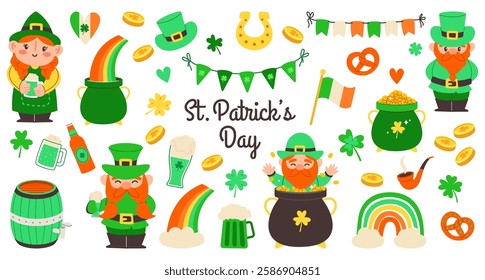 Set of Saint Patrick's day holiday stickers. Hand drawn collection of cute elements,  rainbow, clover, leprechaun, pot of gold coin, beer. Irish holiday, flat vector illustration